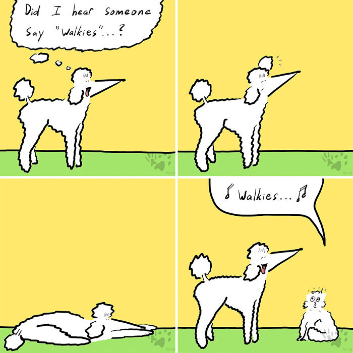 Comic showing a dog imagining the word walkies and singing to a cat, exploring what pets talk about when home alone.