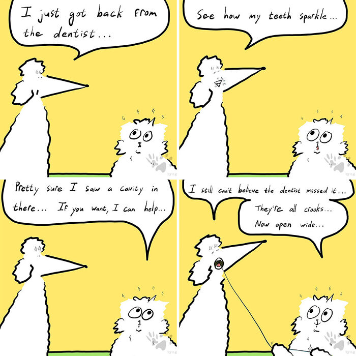 Comic strip showing two pets talking about a dentist visit, exploring what pets talk about when home alone.