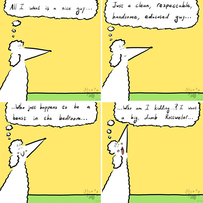 Comic panels showing a poodle imagining the ideal pet owner, exploring what pets talk about when left home alone.