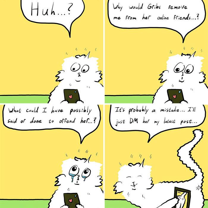 Comic panels showing a fluffy cat pondering why Gribs removed them from online friends in a pets talk comic.