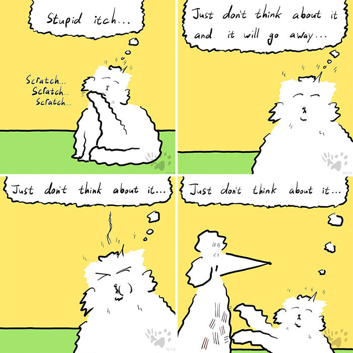 Comic panels of a cat and dog scratching and thinking, illustrating what pets talk about when left home alone.