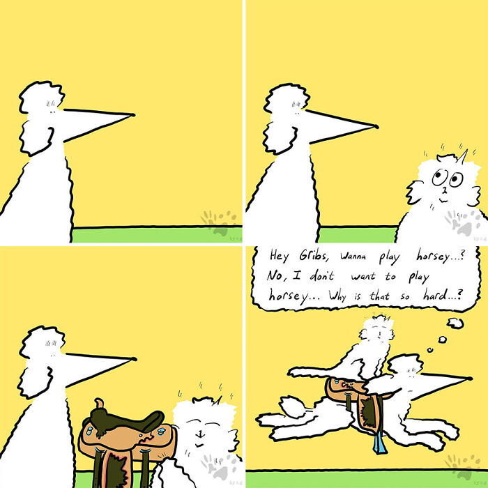 Comic panels showing pets Gracks and Gribs talking and playing while left home alone in a humorous pet comic strip.