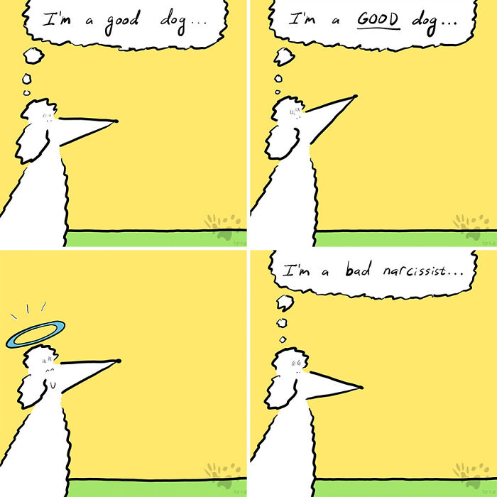 Comic panels showing a poodle with thought bubbles reflecting on being a good dog and a bad narcissist, exploring pets talk.