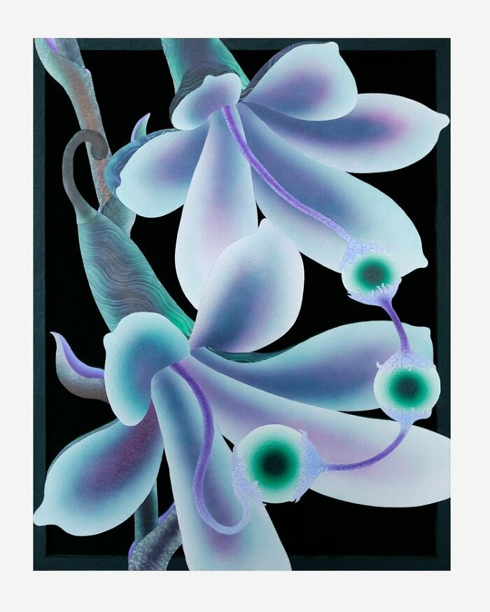 Glowing garden artwork with luminescent blue and purple flowers and green details against a dark background.