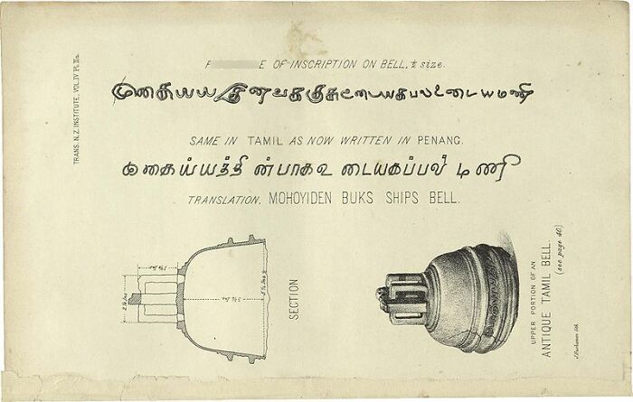 Diagram and inscription of an antique Tamil bell revealing archeological discoveries contradicting traditional history.