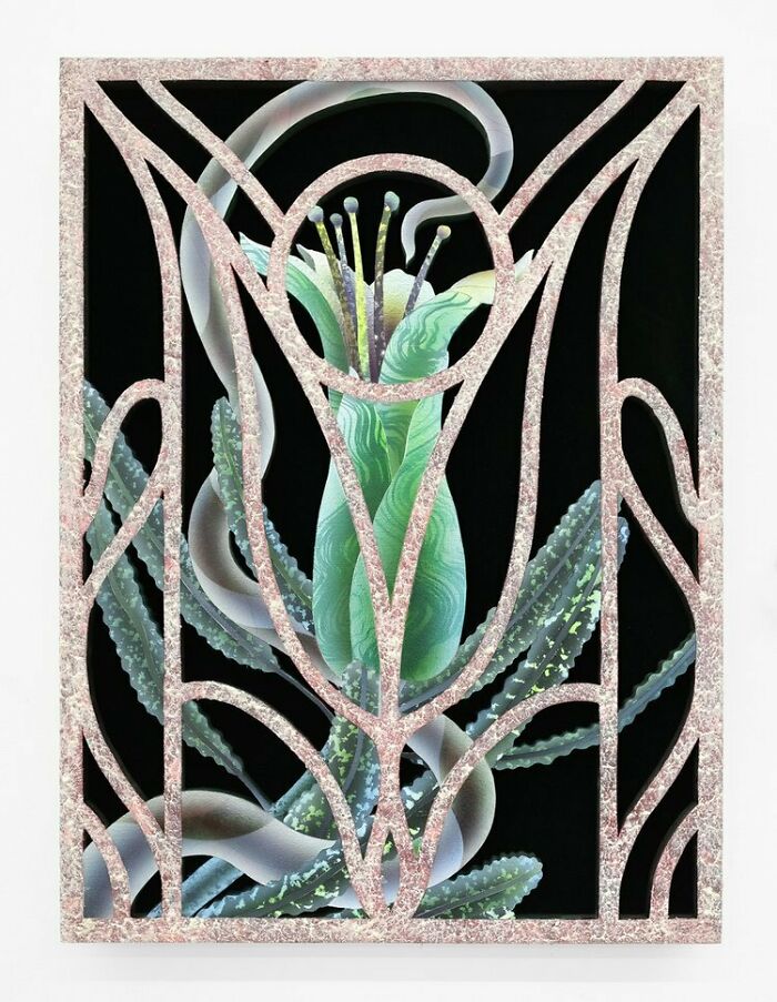 Intricate glowing garden artwork featuring green botanical elements with abstract stained glass style framing.