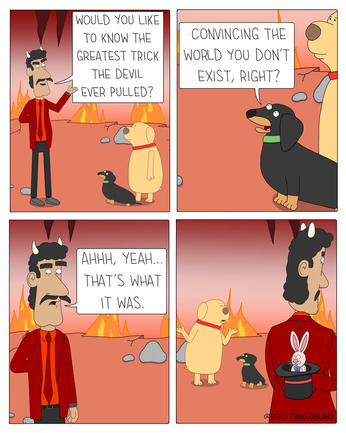 Comic by Daniel Matheson shows a devil, two dogs, and a humorous twist about the devil's greatest trick.
