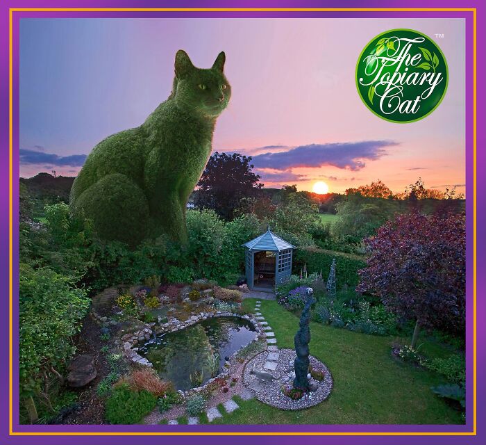 Giant topiary shaped like a cat in a garden at sunset, showcasing creative cat edits and digital art.