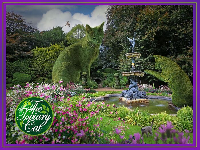 Topiary cats designed as bushes in a garden with flowers and a fountain, showcasing cool and interesting cat edits.