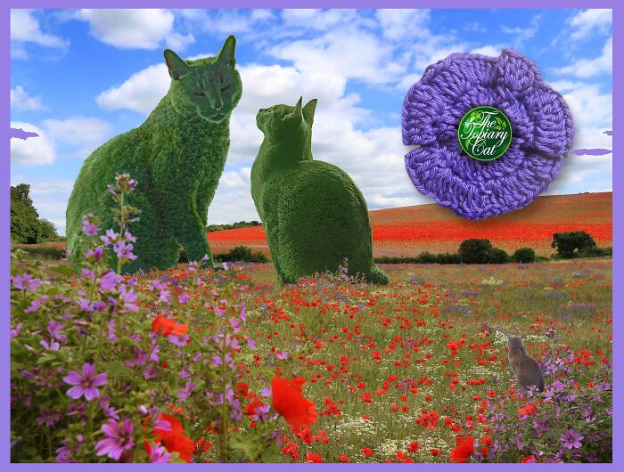 Two cats creatively edited to look like green bushes standing in a colorful wildflower field under a blue sky.