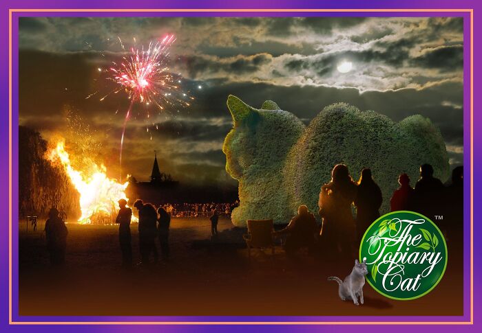Large bush shaped like a cat with people gathered around at night watching fireworks and a bonfire nearby.