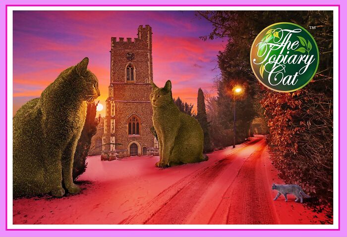 Two cats creatively edited to look like topiary bushes near a church and a road at sunset.