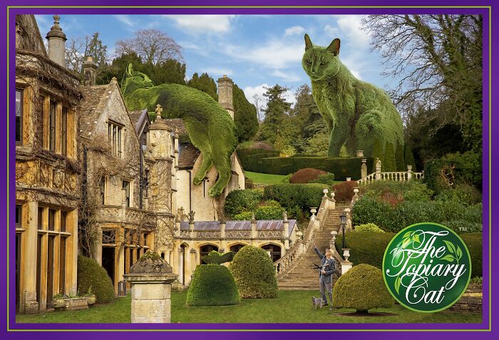Topiary art featuring a cat shaped as a large green bush in a garden, blending nature with creative edits.