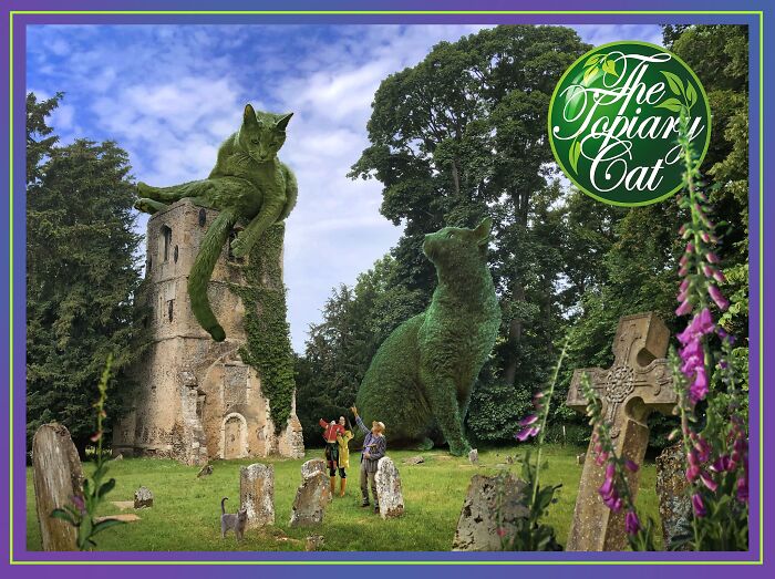 Green cat shaped like a bush towers over ruins and visitors in an artistic and cool cat bush edit.