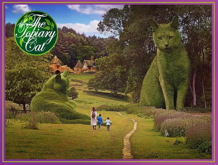 Large topiary cats in a lush garden with a woman and children walking on a path, showcasing creative cat edits as bushes.