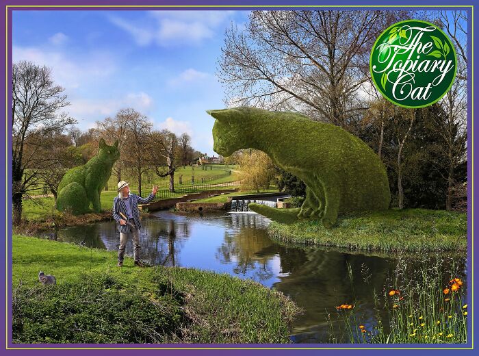 Man interacts with large topiary cats by a river, showcasing cool and interesting edits of cat as a bush in a park setting.
