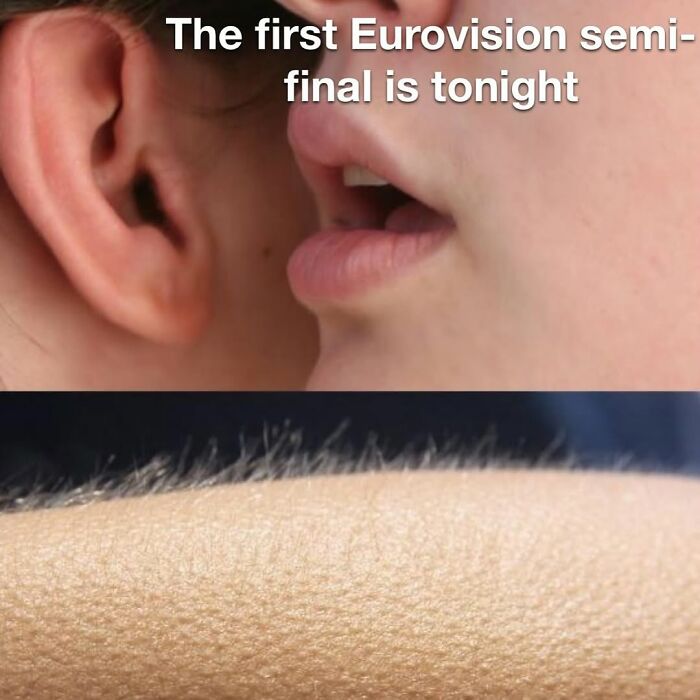 Close-up of a person whispering about Eurovision causing goosebumps on another person's arm, capturing excitement and humor.