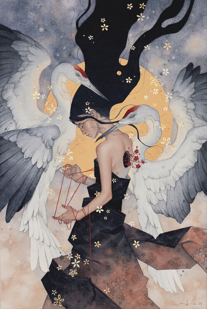 Watercolor art by Kelogsloops of a woman with cranes, calming and detailed, featuring soft colors and delicate floral accents.