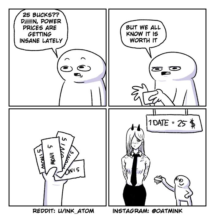 Relatable and funny comic by Oatmink showing a character debating high prices with a humorous twist on dating costs.