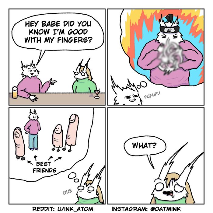 Relatable and funny comics by Oatmink showing quirky everyday life moments and weird sparks of thought in a cartoon style.