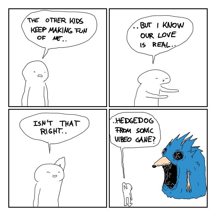 Relatable and funny comic by Oatmink showing quirky characters discussing love and teasing from everyday life.