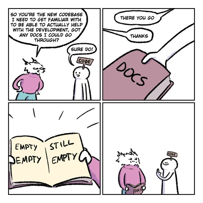 Relatable and funny comic by Oatmink showing a developer confused by empty codebase documentation in everyday life.
