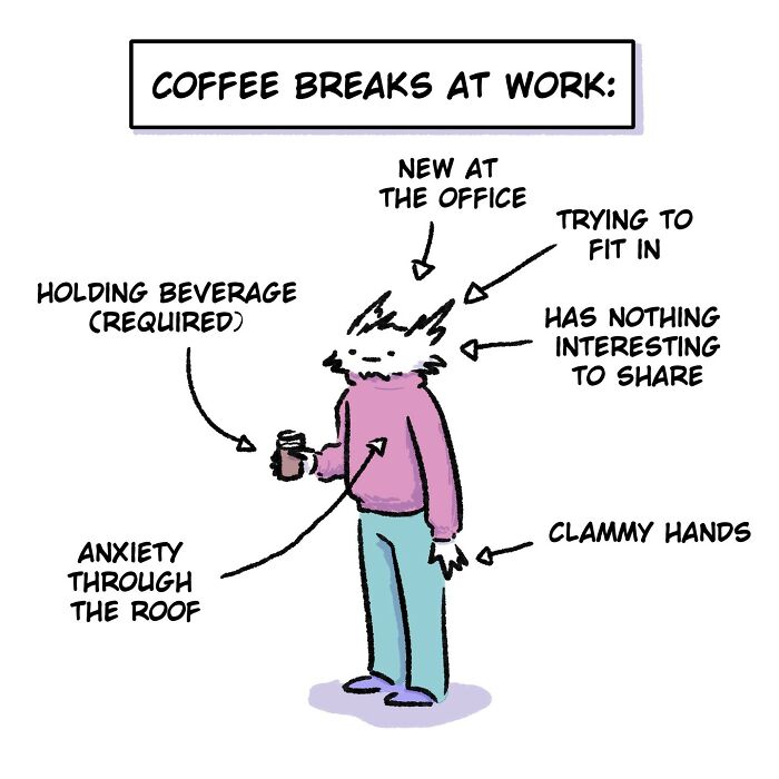 Relatable and funny comic showing awkward coffee breaks at work with anxiety and fitting in struggles by Oatmink.