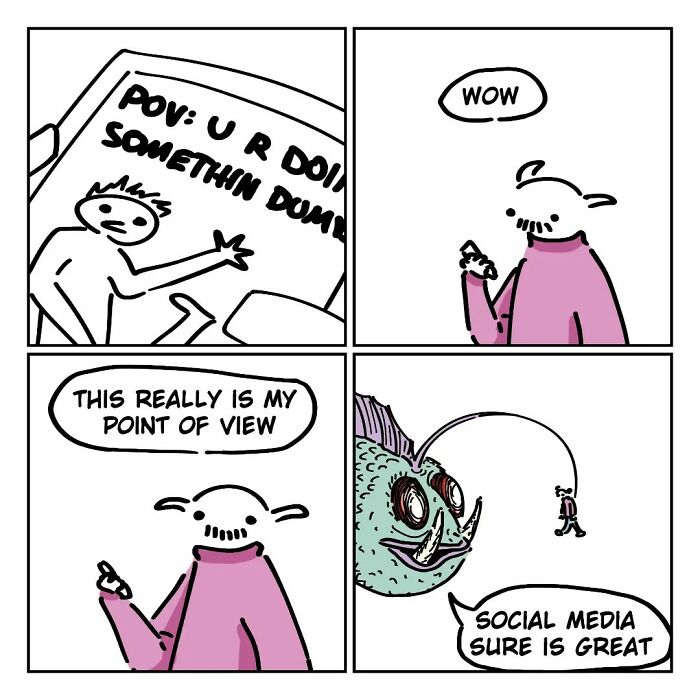 Relatable and funny comic by Oatmink showing social media's impact on perspective through everyday life humor.