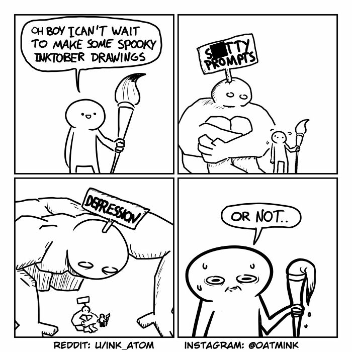 Black and white relatable and funny comic by Oatmink showing a character facing awkward and challenging creative prompts.