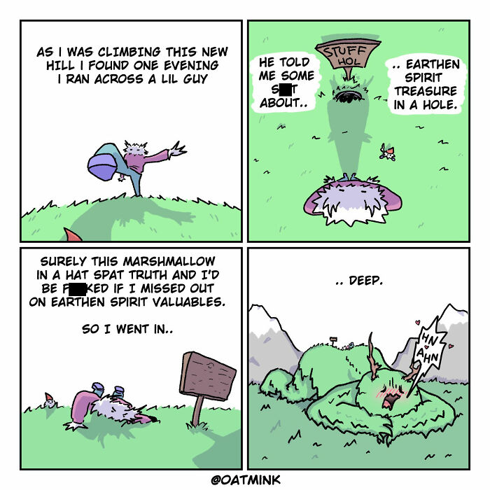 Relatable and funny comic by Oatmink showing a quirky encounter inspired by everyday life and weird sparks of thought.