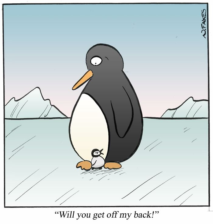 Penguin parent and chick in a humorous one-panel comic by Nate Fakes, set against an icy landscape with mountains.