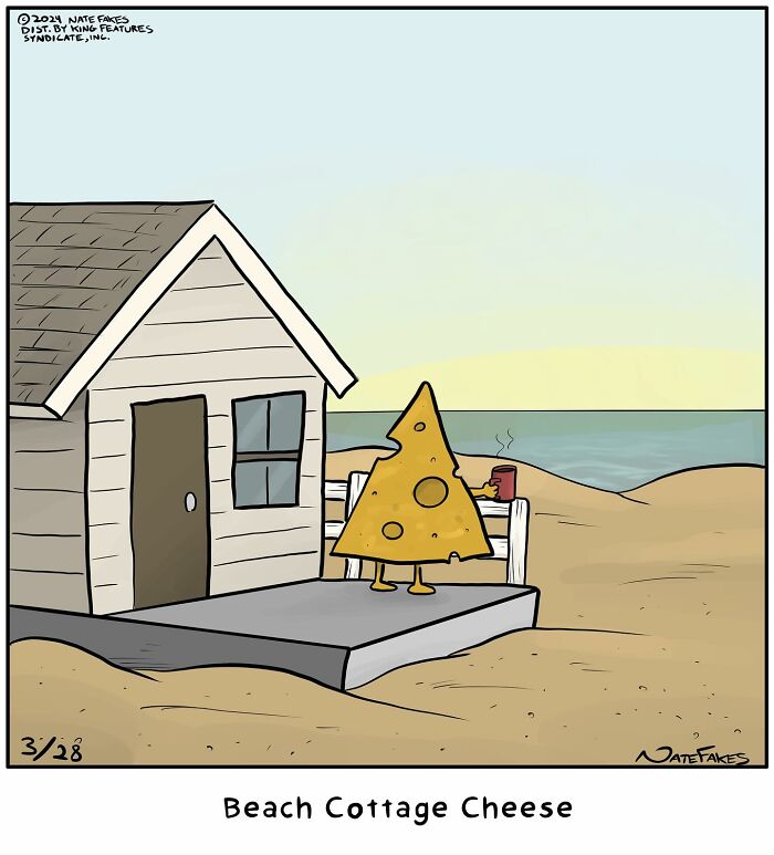 One-panel comic by Nate Fakes showing a cheese slice relaxing at a beach cottage with a coffee mug.