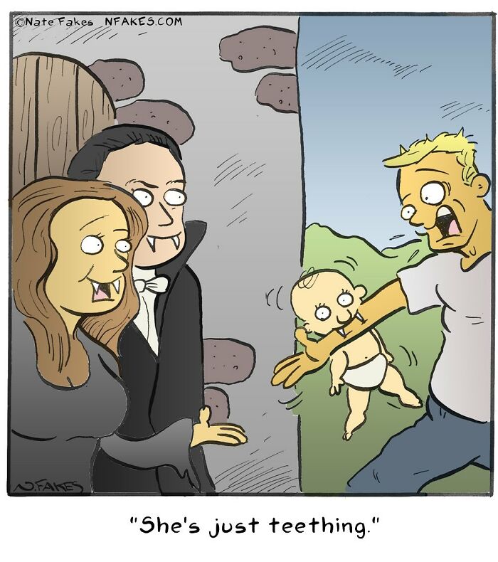 One-panel comic by Nate Fakes showing vampires with a teething baby humorously causing surprise outdoors.