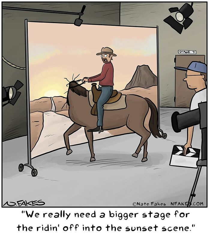 One-panel comic by Nate Fakes showing a man riding a fake horse on a small stage with a desert backdrop and film crew.