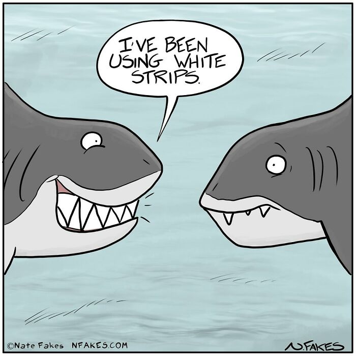 Sharks in a one-panel comic by Nate Fakes, featuring a joke about using white strips on teeth underwater.