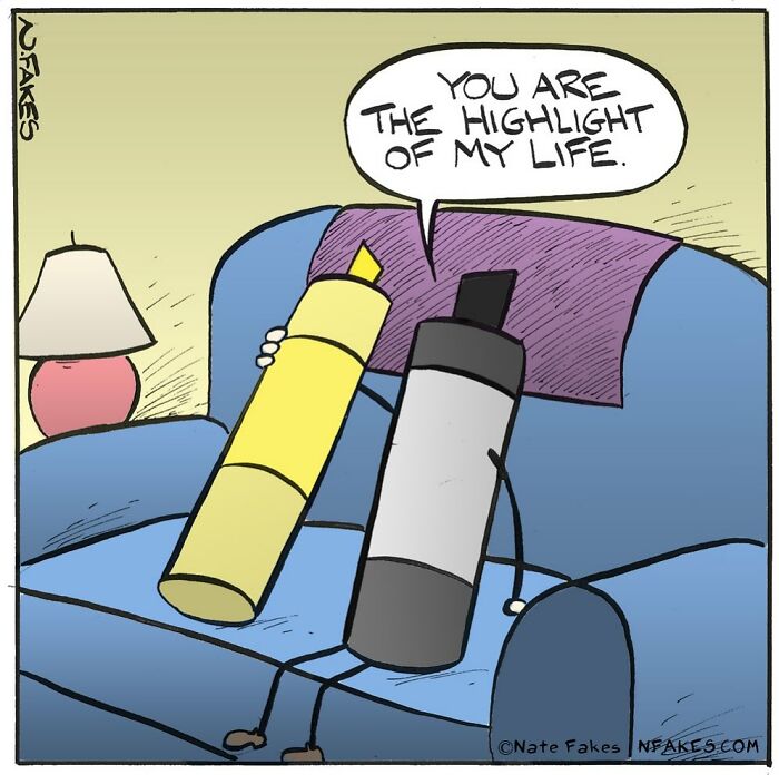 One-panel comic by Nate Fakes showing two anthropomorphic bottles, one saying you are the highlight of my life.