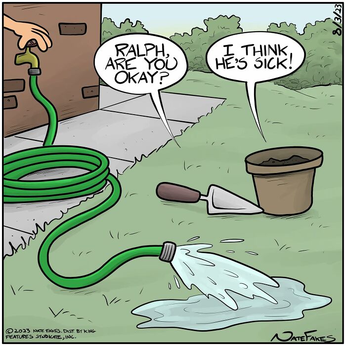 One-panel comic by Nate Fakes showing a garden hose leaking water and a pot talking about being sick.