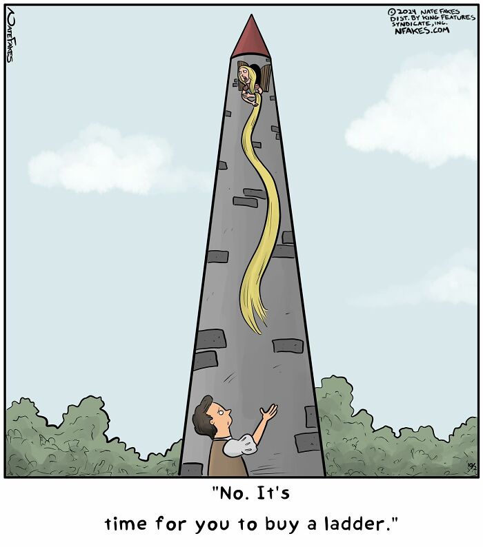 One-panel comic by Nate Fakes showing a man told to buy a ladder to reach Rapunzel in a tower.