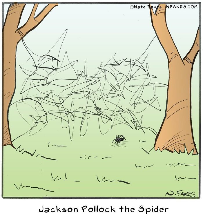 One-panel comic by Nate Fakes showing a spider creating an abstract web resembling Jackson Pollock art style.