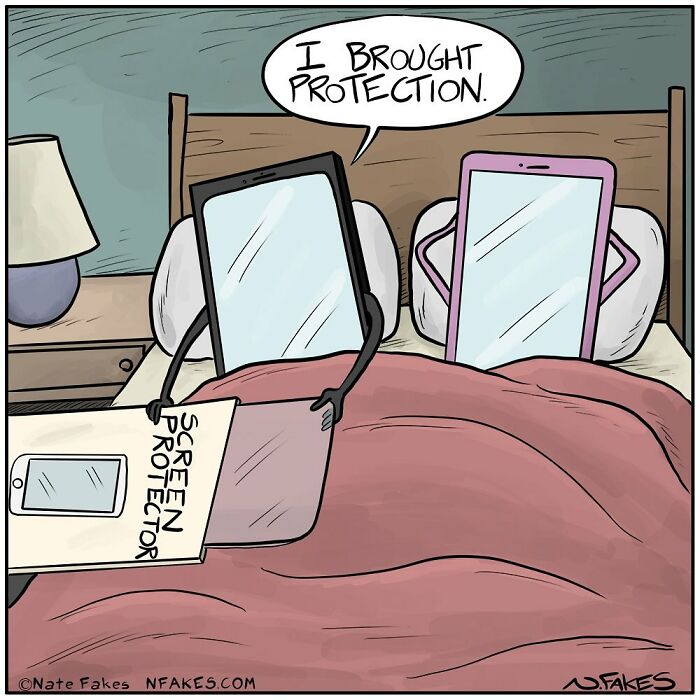 One-panel comic by Nate Fakes showing two tablets in bed with one holding a screen protector for protection.