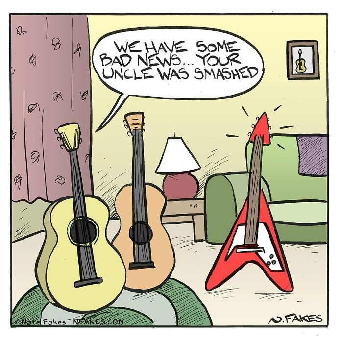 One-panel comic by Nate Fakes showing guitars talking about a smashed uncle guitar in a living room setting.