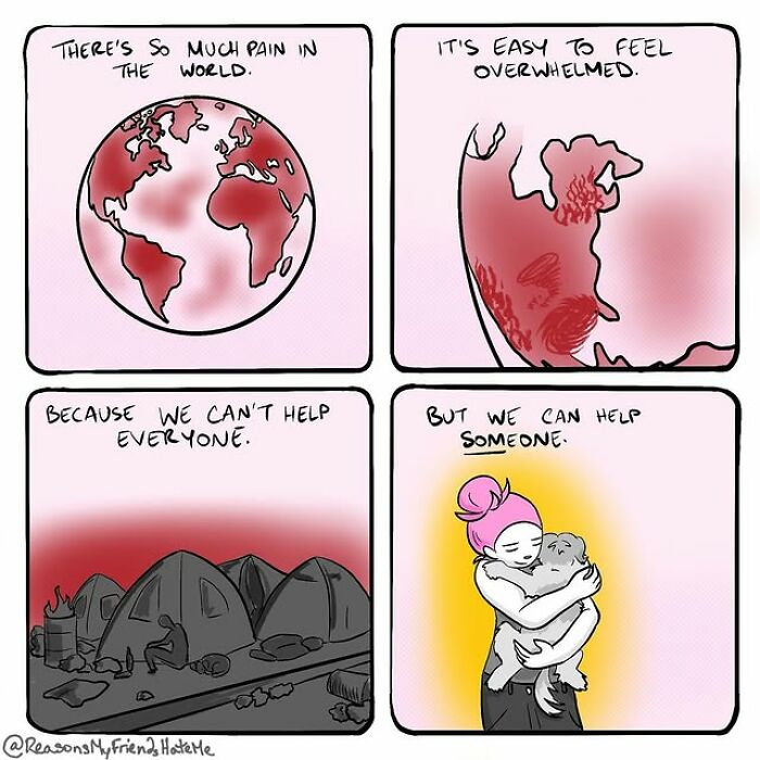 Comic panels showing a red-tinted world, overwhelmed emotions, homeless tents, and a person hugging a dog in relatable comics.