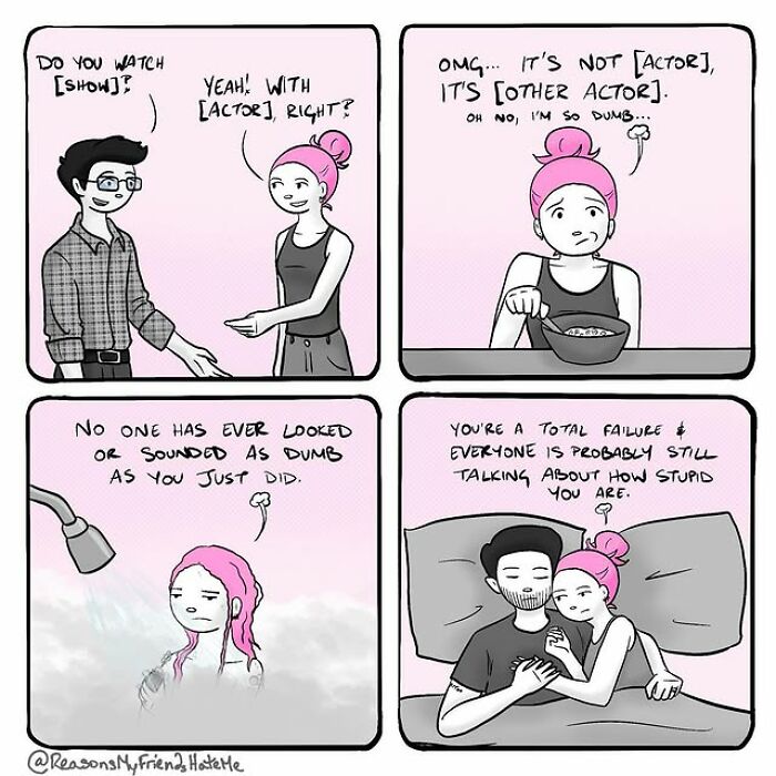 Relatable comic panels by Aylia Colwell showing funny moments from Reasons My Friends Hate Me series.