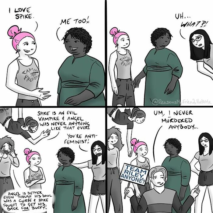 Comic panels showing friends debating over a vampire character, a scene from relatable Reasons My Friends Hate Me comics.