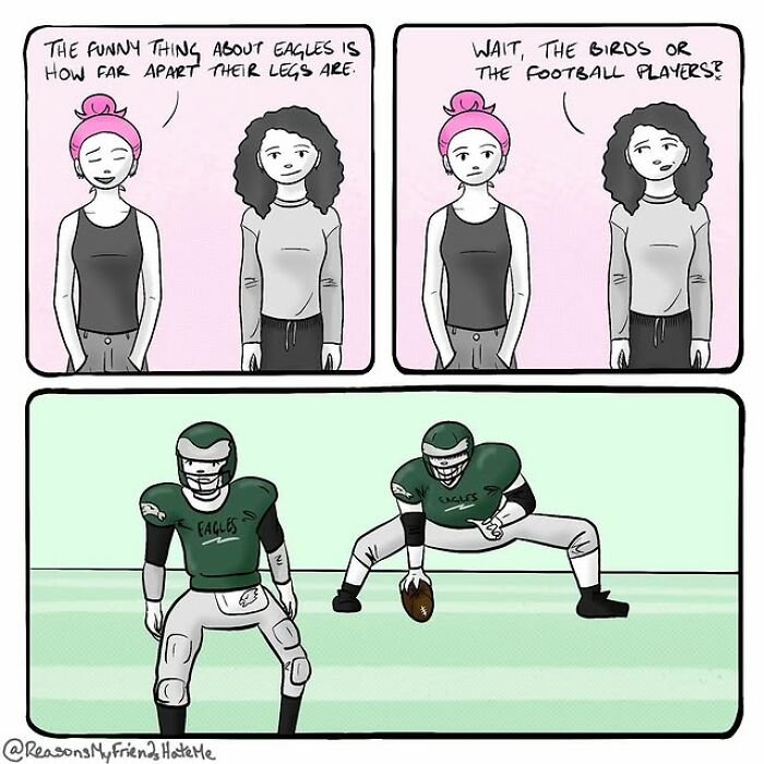 Two women discuss eagle leg positions in a self-deprecating comic by Aylia Colwell with football humor.