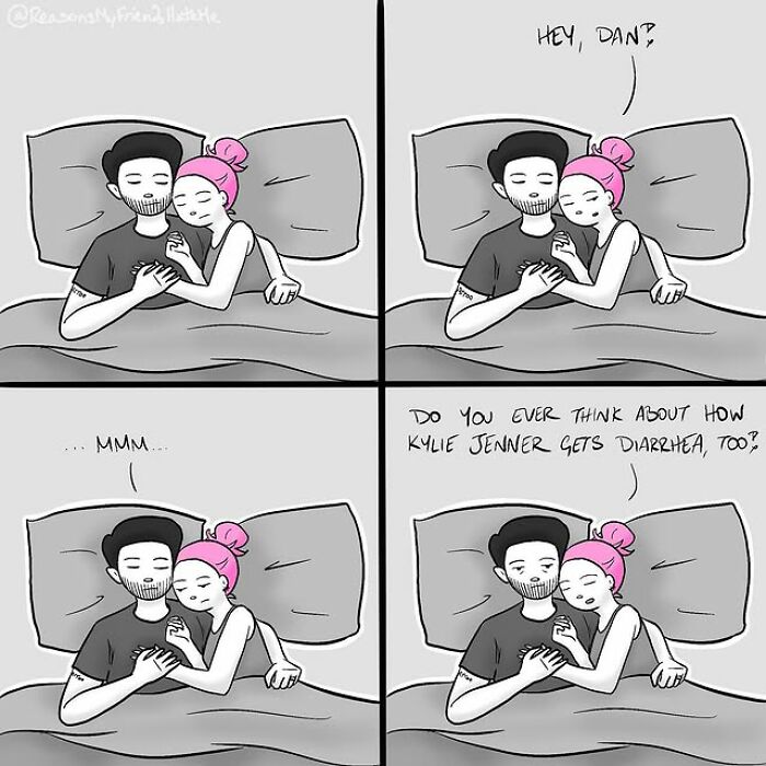 Couple lying in bed with woman asking a funny, relatable question in a comic from Reasons My Friends Hate Me.