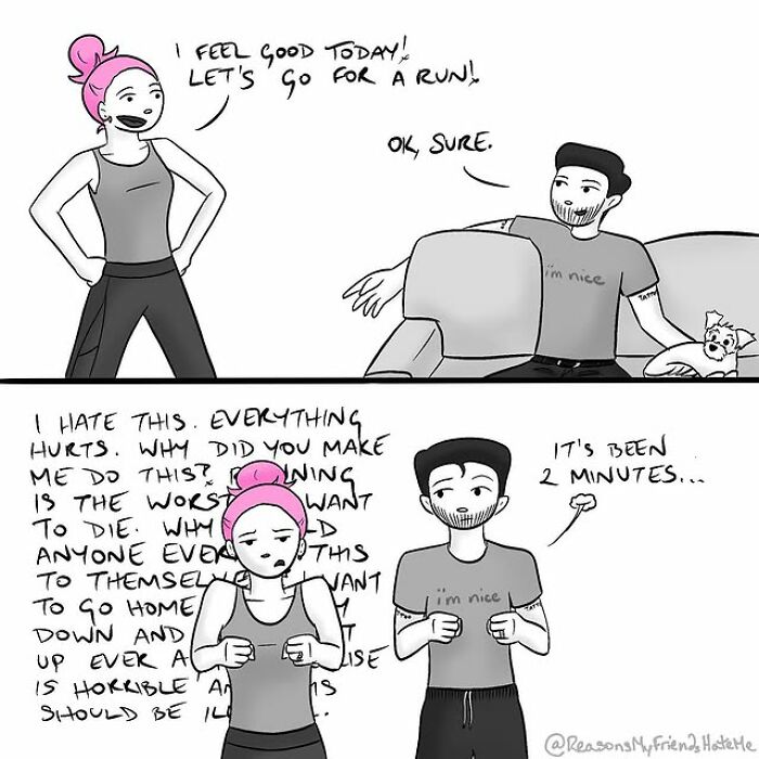 Self-deprecating comics showing a woman struggling with exercise and awkward humor by Aylia Colwell.