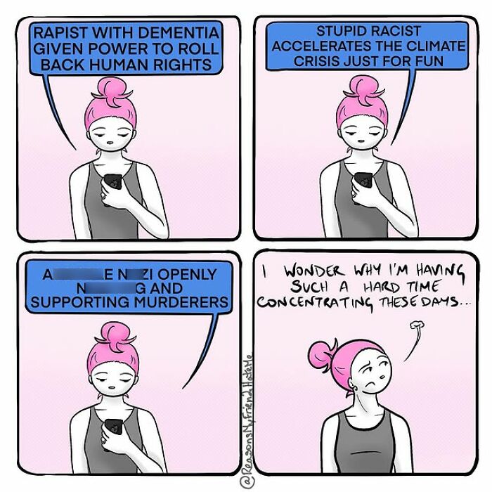 Comic strip by Aylia Colwell showing self-deprecating humor about everyday awkwardness and difficulty concentrating.