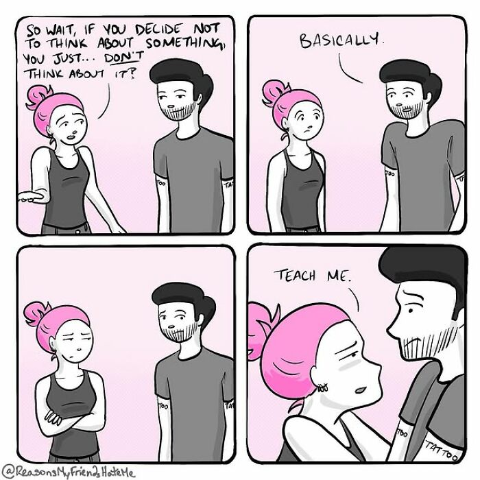 Comic panels showing a funny relatable moment about overthinking in Reasons My Friends Hate Me comics by Aylia Colwell.