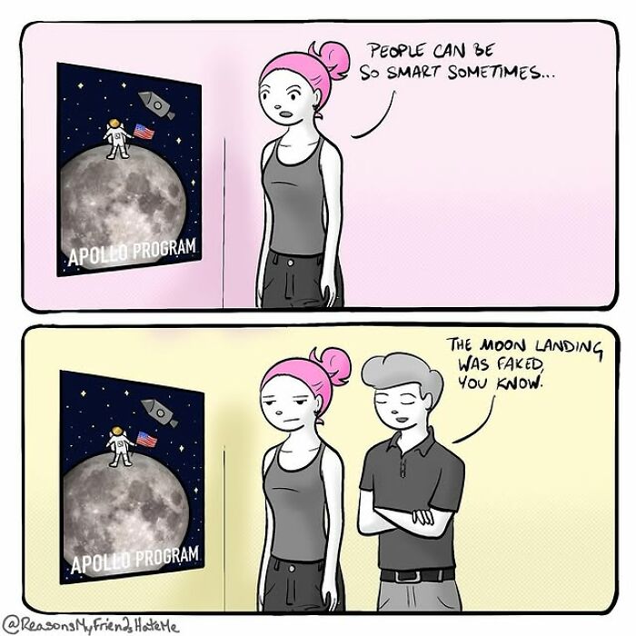 Comic strip showing a woman and a man debating the Apollo program, humorously highlighting reasons friends hate each other.